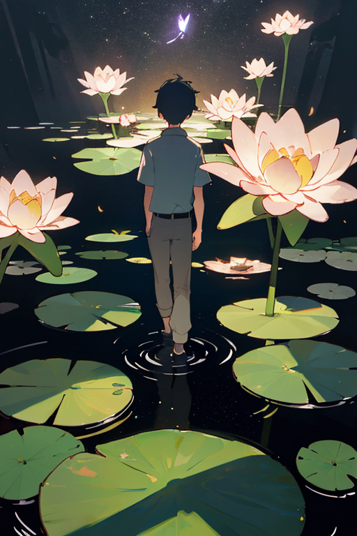 03290-1760080281-A boy standing on a giant floating lily pad, surrounded by glowing fireflies._lora_flat2_1.2_,.png